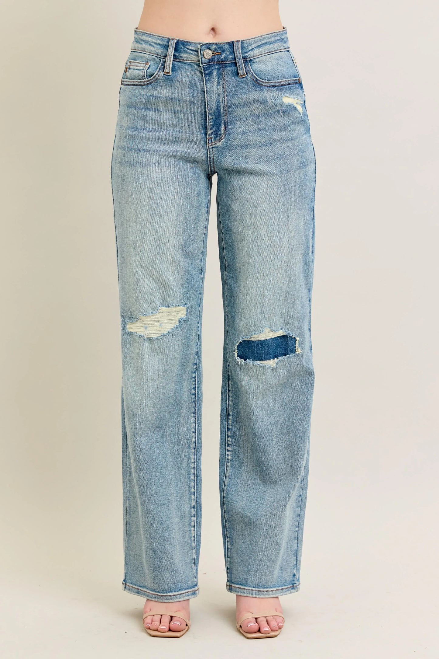 Judy Blue Plus Size High Rise Destroyed Knee Patch Straight Jeans - Love Salve