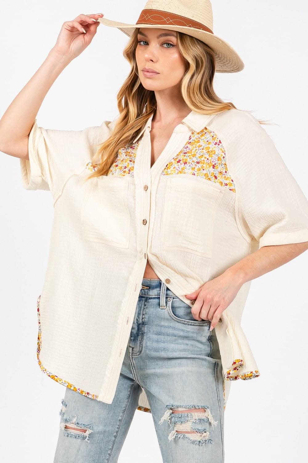 SAGE + FIG Full Size Floral Detail Button Up Short Sleeve Shirt - Love Salve
