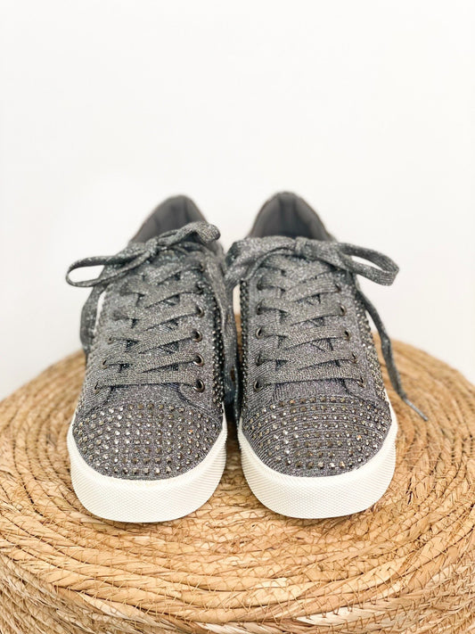 Diva Pewter Rhinestone Sneaker With Metallic Upper Shine Naughty Monkey