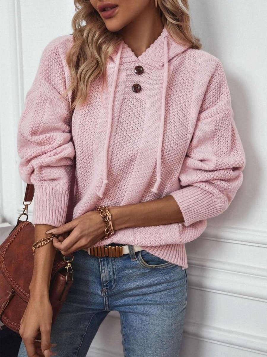 Drawstring Long Sleeve Hooded Sweater - Love Salve