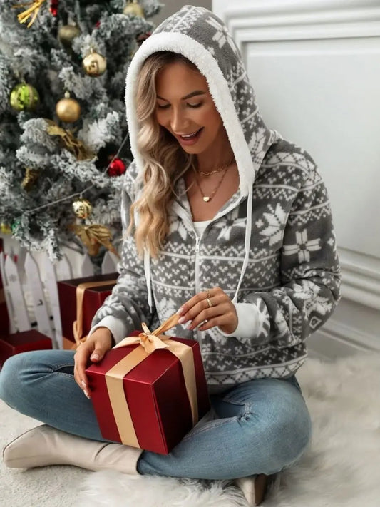 Drawstring Snowflake Zip Up Hooded Outerwear - Love Salve