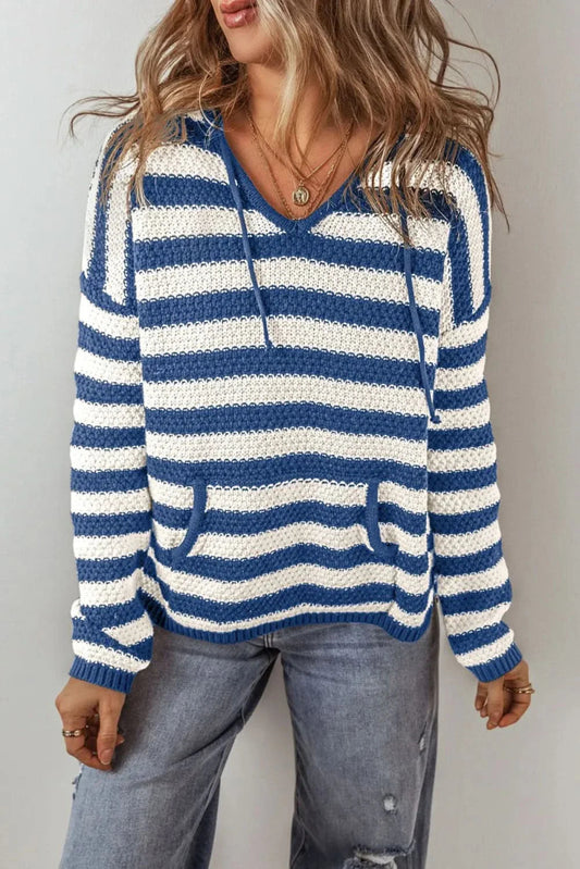 Drawstring Striped Long Sleeve Hooded Sweater - Love Salve