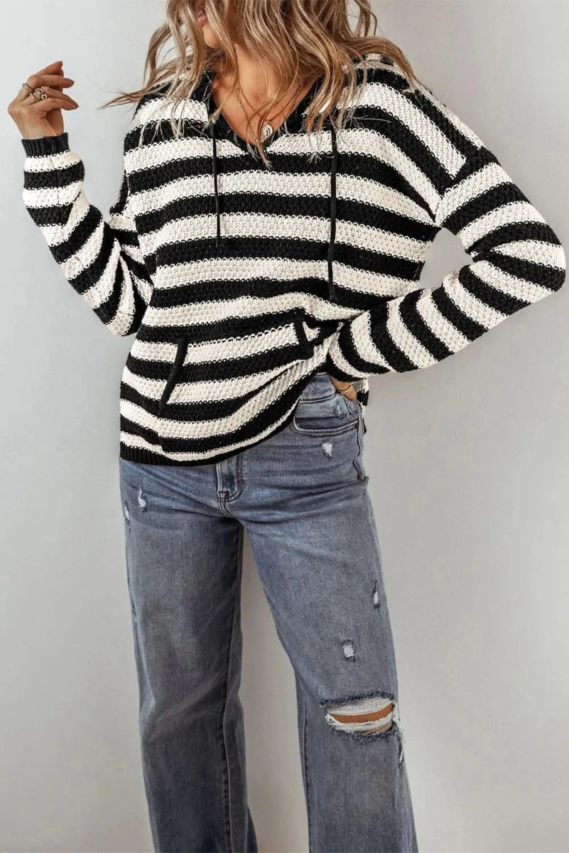 Drawstring Striped Long Sleeve Hooded Sweater - Love Salve