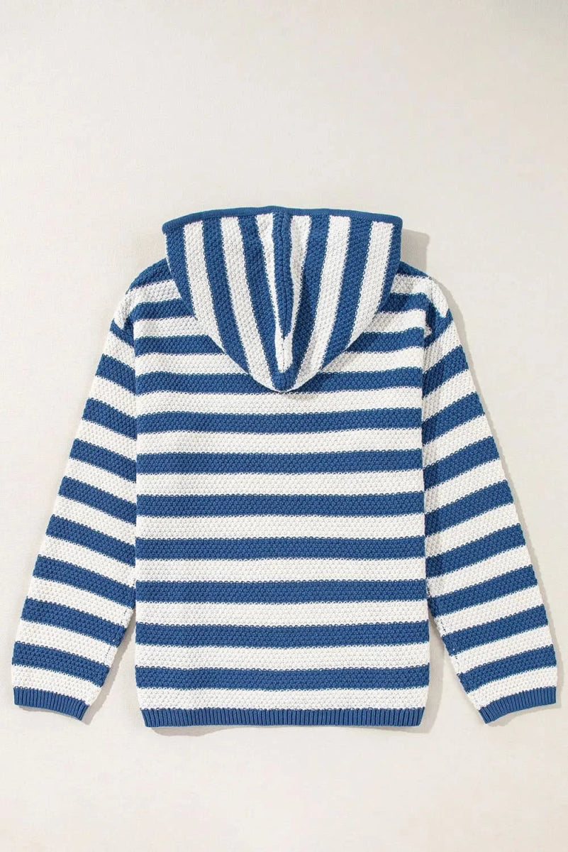 Drawstring Striped Long Sleeve Hooded Sweater - Love Salve