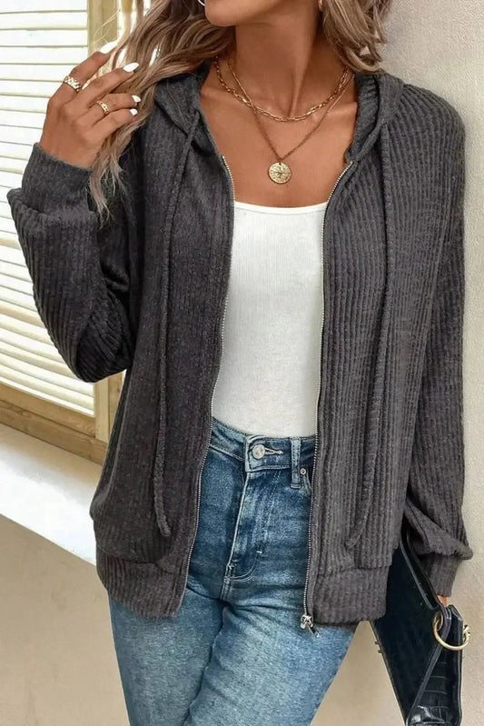 Drawstring Zip Up Long Sleeve Hooded Jacket - Love Salve