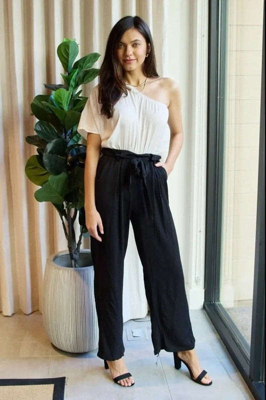 Dress Day Marvelous in Manhattan One-Shoulder Jumpsuit in White/Black - Love Salve