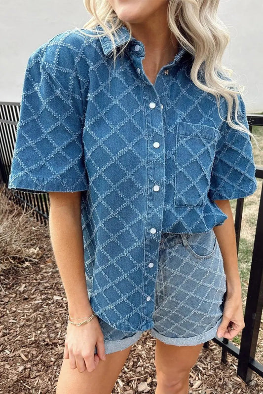 Dusk Blue Checkered Textured Short Sleeve Denim Shirt - Love Salve