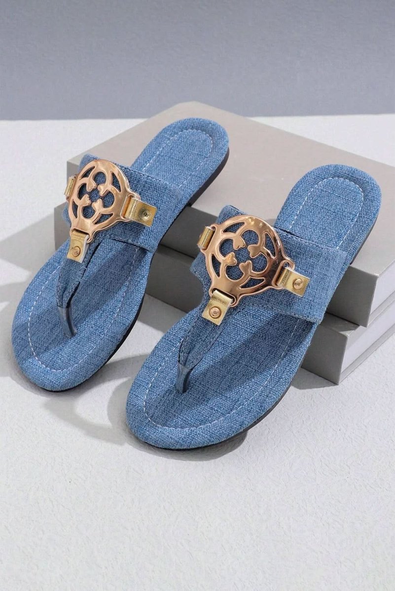 Dusk Blue Metal Decor Leather Thong Slippers - Love Salve