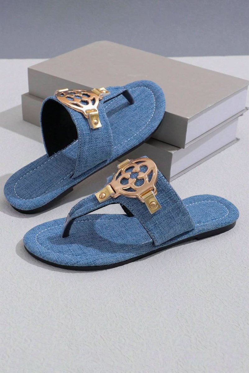 Dusk Blue Metal Decor Leather Thong Slippers - Love Salve