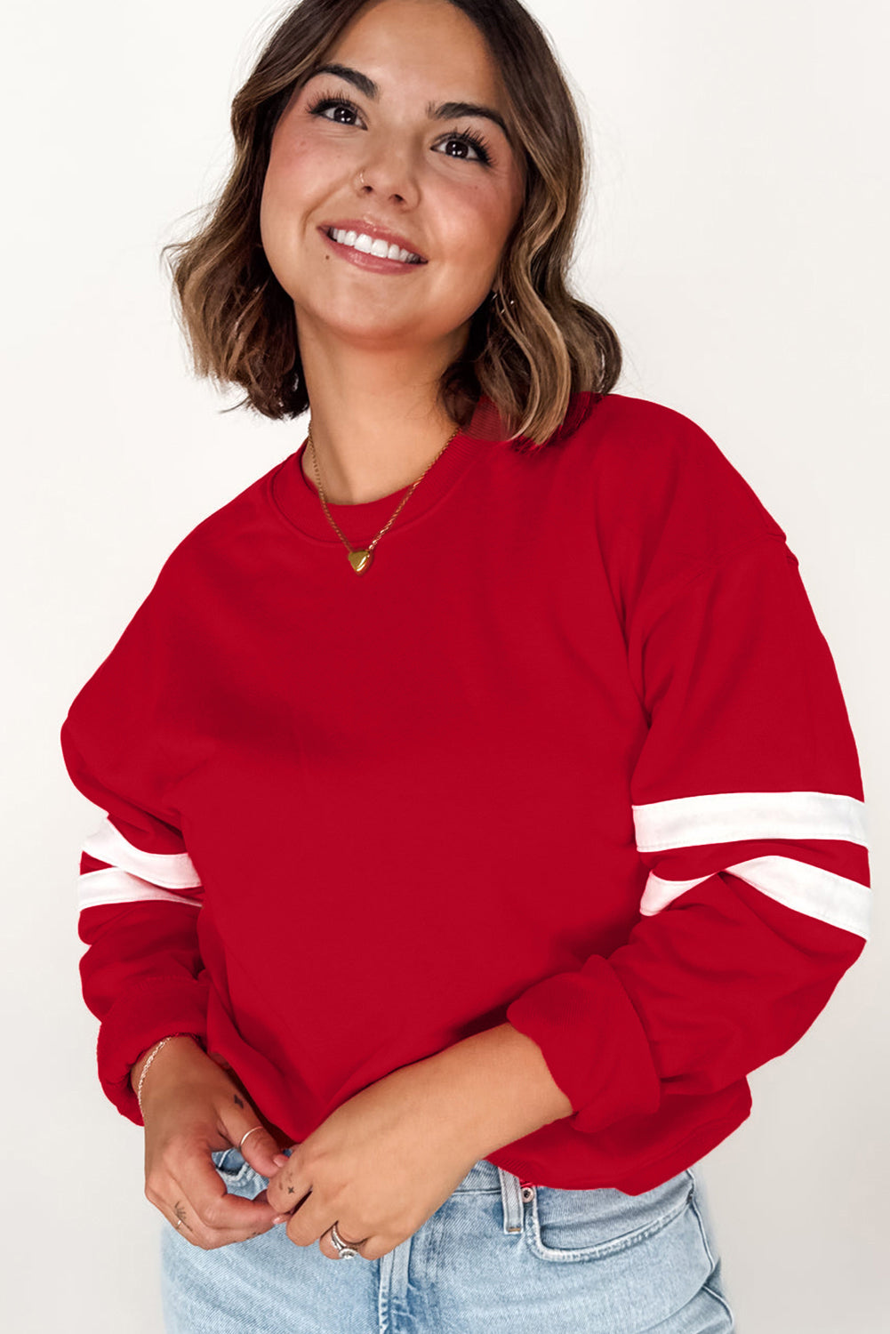 Fiery Red Varsity Striped Detail Crew Neck Plus Sweatshirt