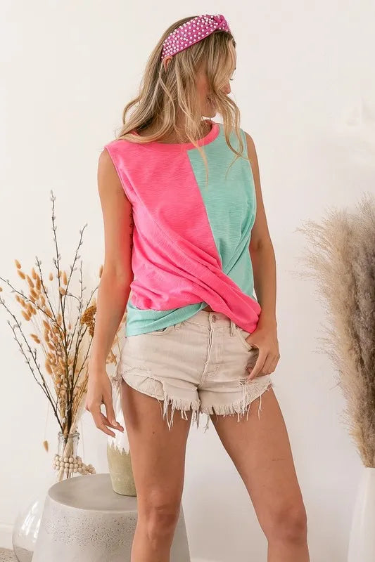 BiBi Slub Terry Color Block Twisted Top - Love Salve