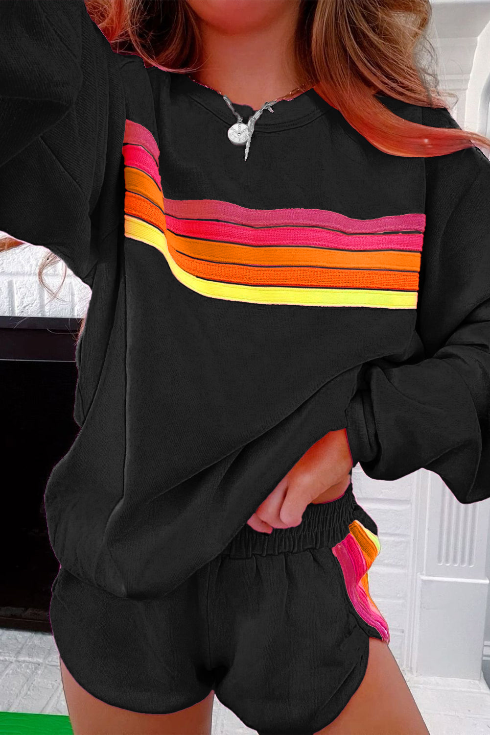 Black Striped Accent Pullover and Shorts Two Piece Set