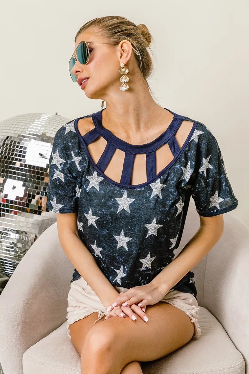 BiBi Vintage Star Print Top With Contrast Caged Neck - Love Salve