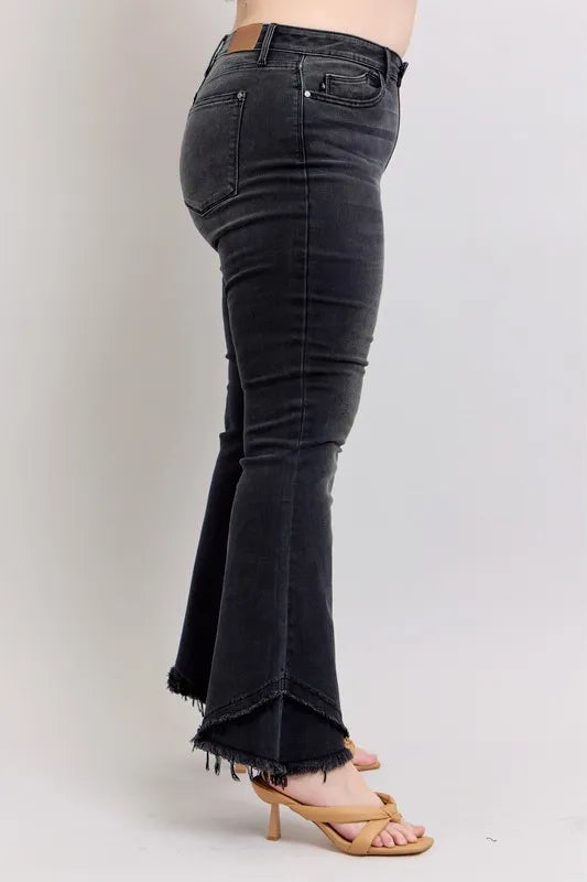 Judy Blue Full Size High Waist Flare Jeans With Mock Fray Tulip Hem Plus Size - Love Salve