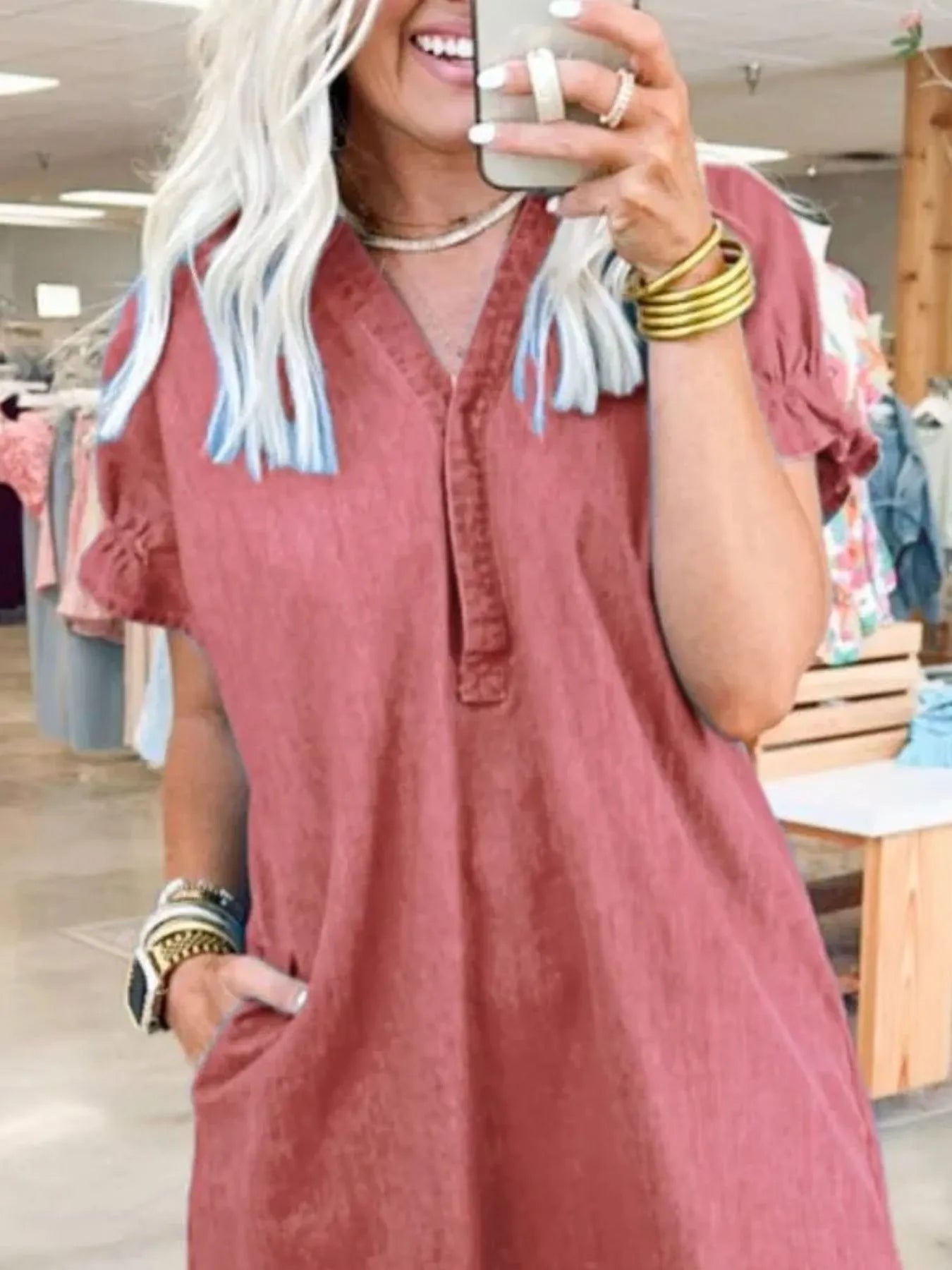 Full Size V-Neck Short Sleeve Denim Dress Plus Size