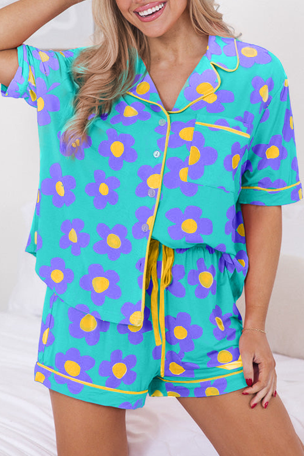 Green Flower Print Short Sleeve Shirt Pajamas Set for Women