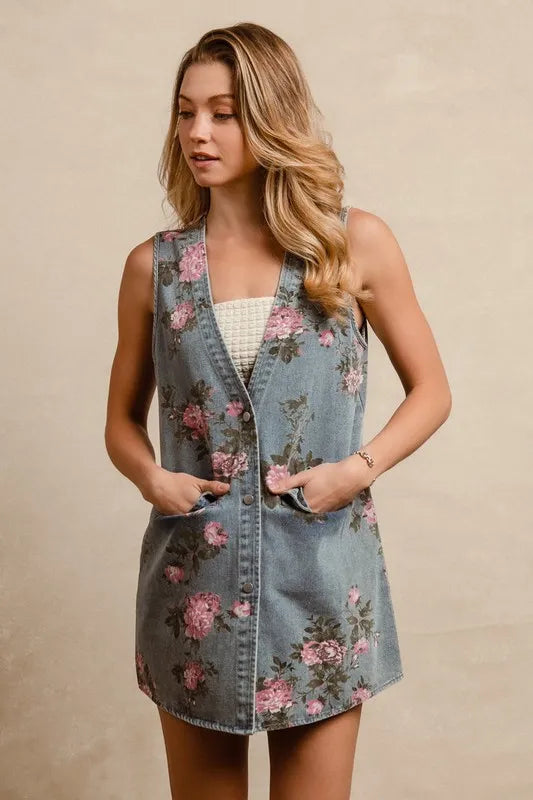 BiBi Floral Print Washed Denim Long Rider Vest - Love Salve