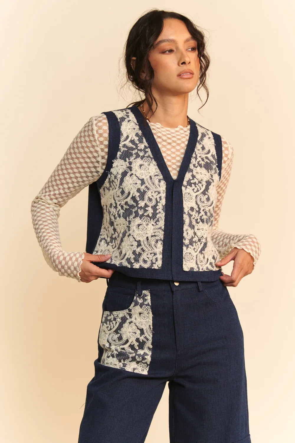 Davi and Dani Lace Patch Open Front Denim Vest - Love Salve