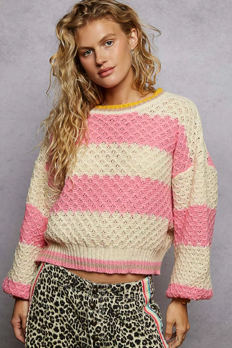 POL Contrast Striped Round Neck Sweater with Textured Cable Knit Pattern
