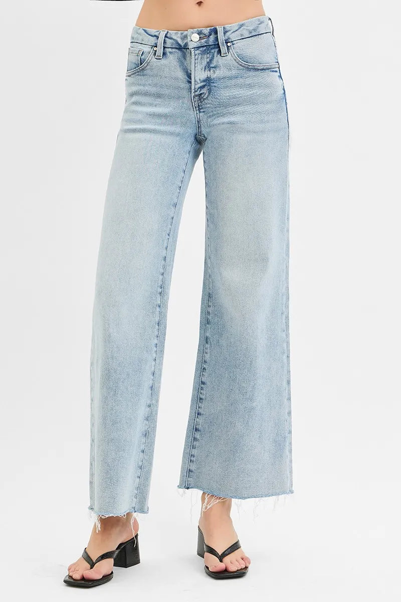 Risen Full Size Tummy Control Low Rise Wide Leg Raw Cut Hem Jeans Plus Size - Love Salve