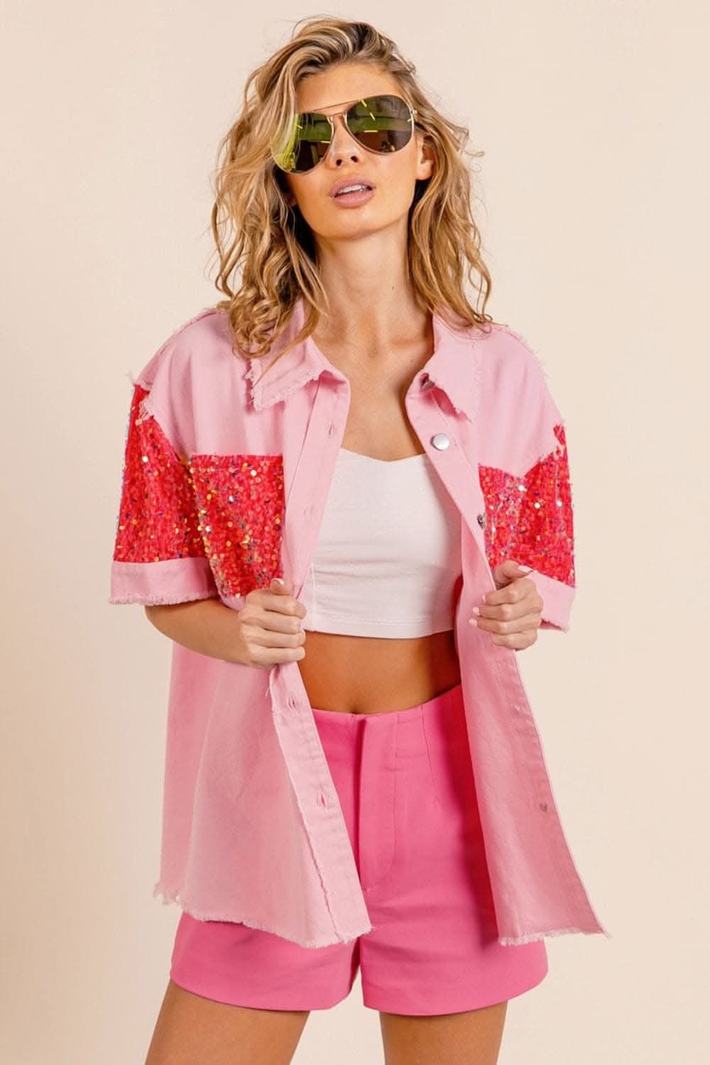 BiBi Sequin Detail Raw Hem Short Sleeve Shirt - Love Salve
