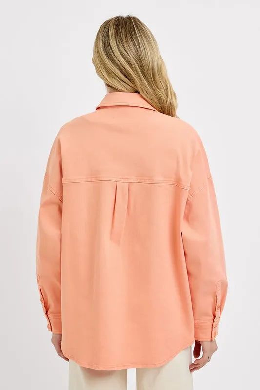 Risen Full Size Button Down Long Sleeve Denim Shacket with Chest Pockets Plus Size - Love Salve