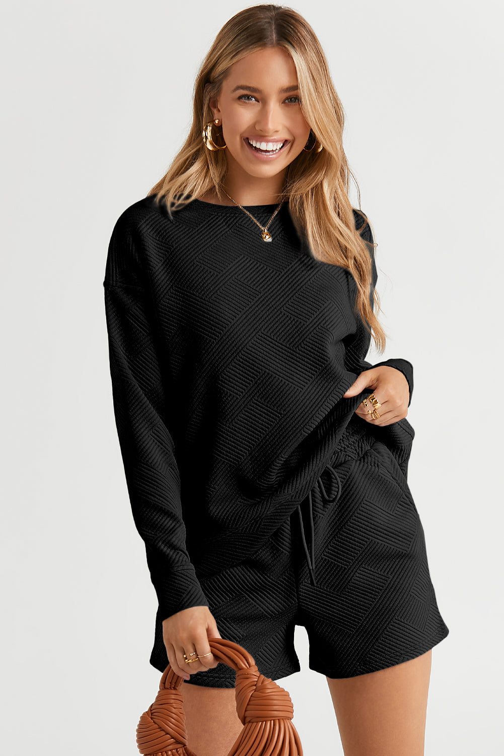 Adalyn Textured Long Sleeve Top and Drawstring Shorts Set - Love Salve