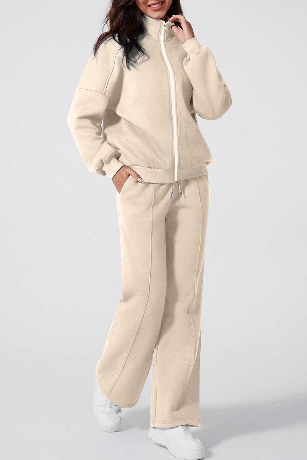 Beige Drop Shoulder Zip Jacket Set 2Pcs Activewear Gear