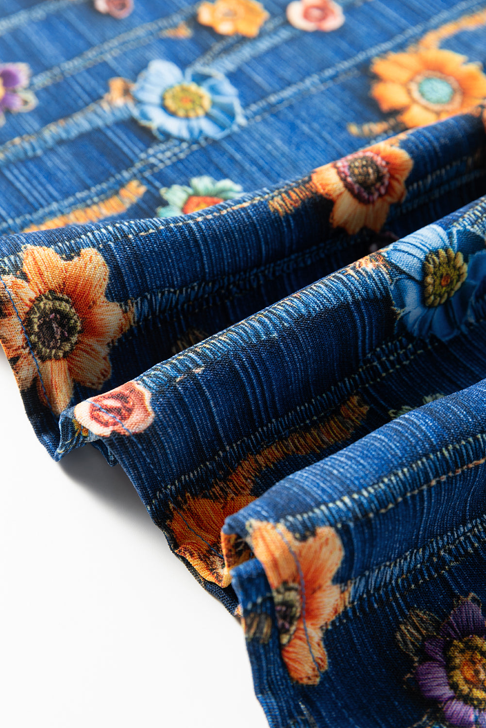 Premium Blue Floral Collared V Neck Roll Up Sleeve Blouse
