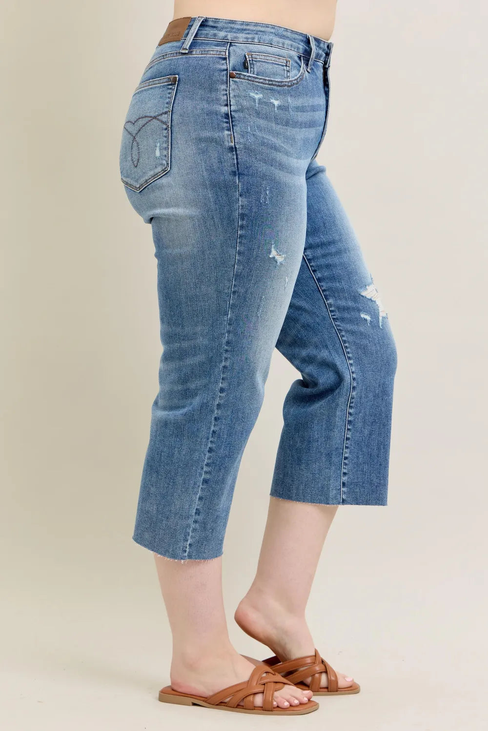Judy Blue Plus Size High Waist Back Destroyed Raw Cut Hem Crop Wide Leg Jeans - Love Salve