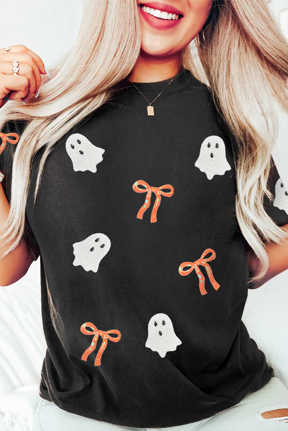 Premium Black Sequin Bow Ghost Patch Halloween Graphic Tee