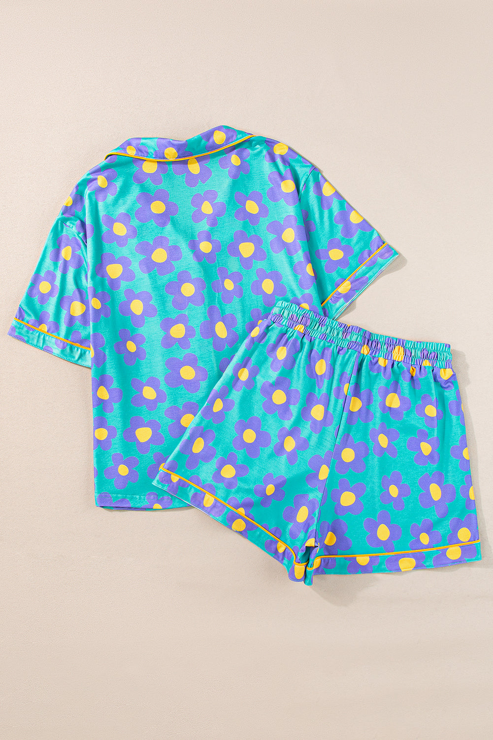 Green Flower Print Short Sleeve Shirt Pajamas Set for Women