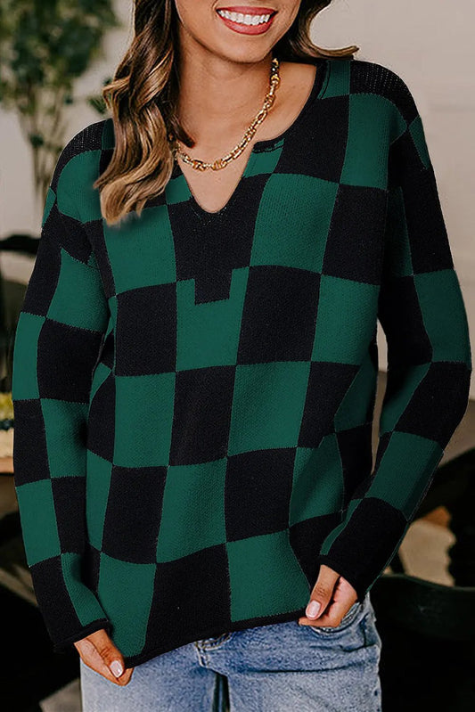 Premium Green Checked Notched Neckline Drop Shoulder Knit Sweater Dear-Lover Dropshipping