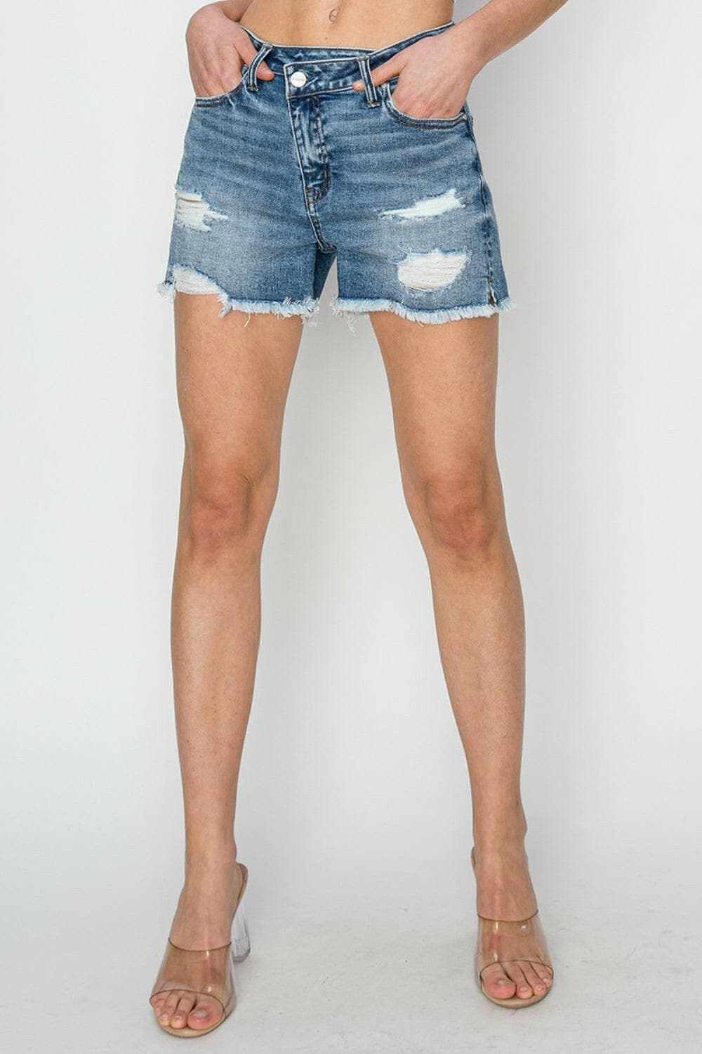 Risen frayed denim shorts, stepped waist - Love Salve