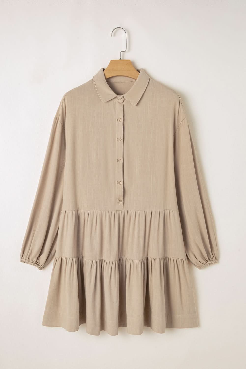 Tan Puff Sleeve Buttoned Tiered Pleated Shirt Mini Dress - Love Salve