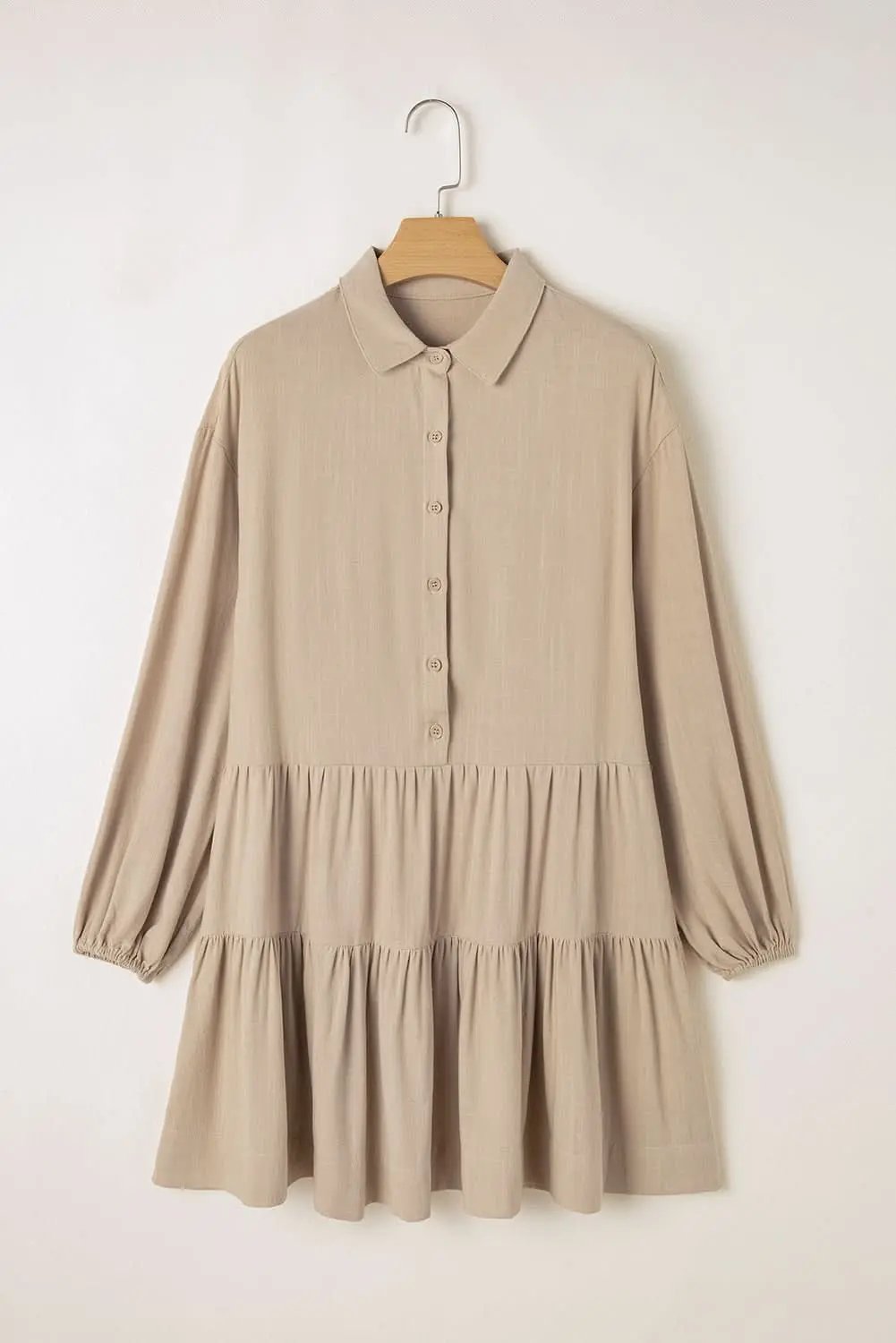 Tan Puff Sleeve Buttoned Tiered Pleated Shirt Mini Dress - Love Salve