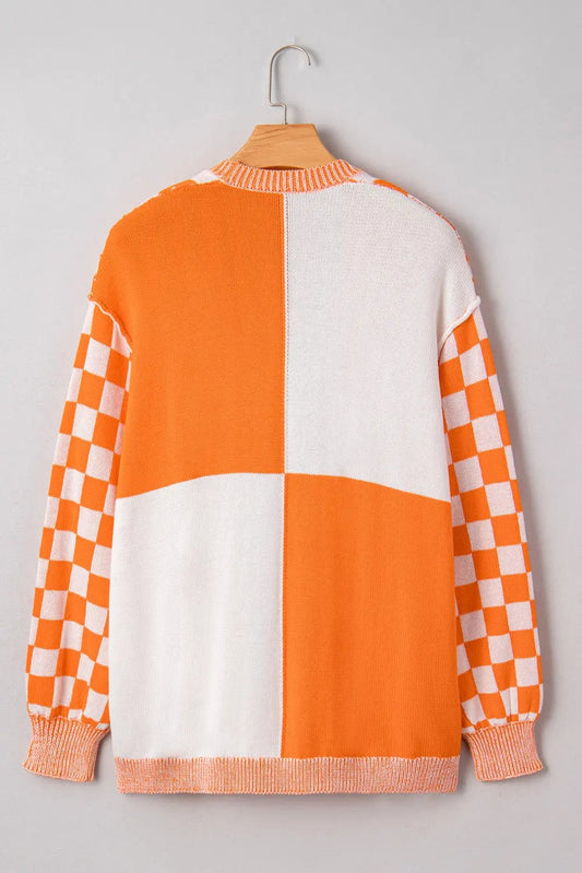 Orange Checkered Bubble Sleeve Drop Shoulder Open Cardigan Dear-Lover Dropshipping