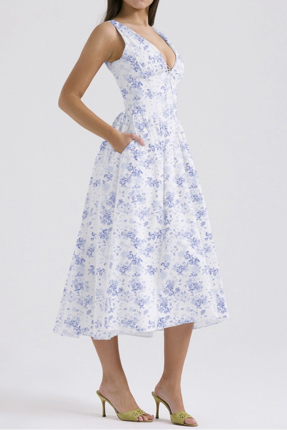 Garden Muse V-Neck Midi Dress with Pockets
