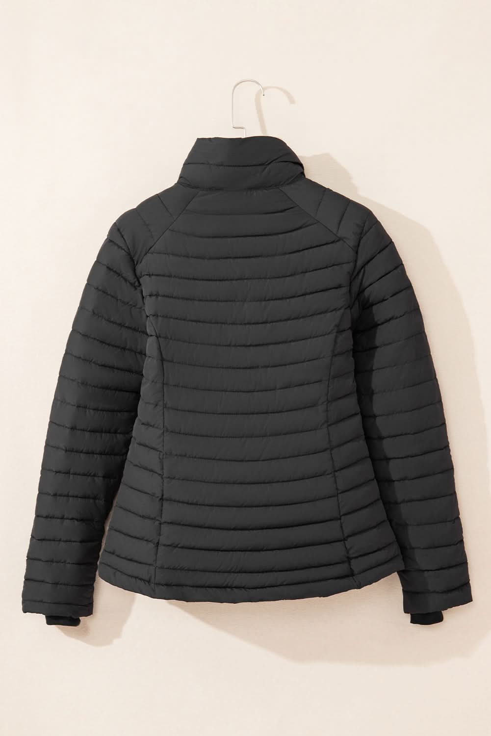 Black Solid Color Quilted Zip-up Puffer Jacket - Love Salve