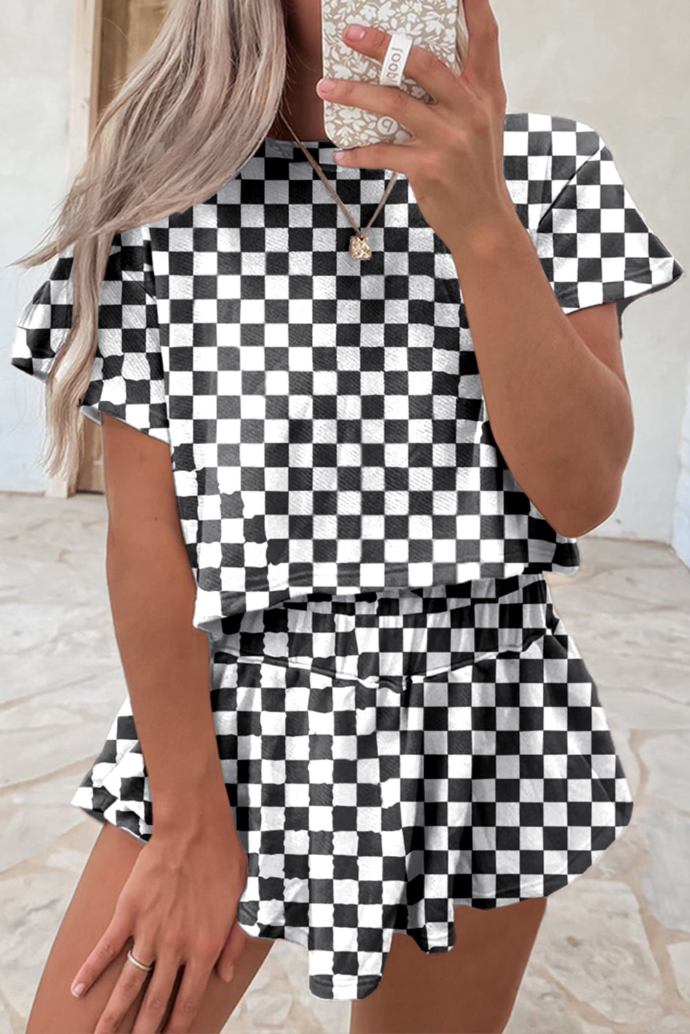Black Checkerboard T Shirt and High Waist Skorts Outfit