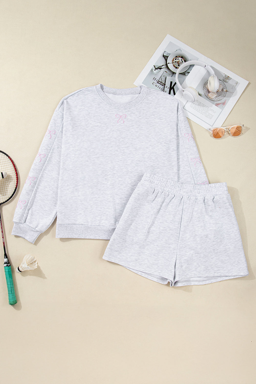 Light Grey Girly Bow Embroidered Puff Sleeve Two Piece Set