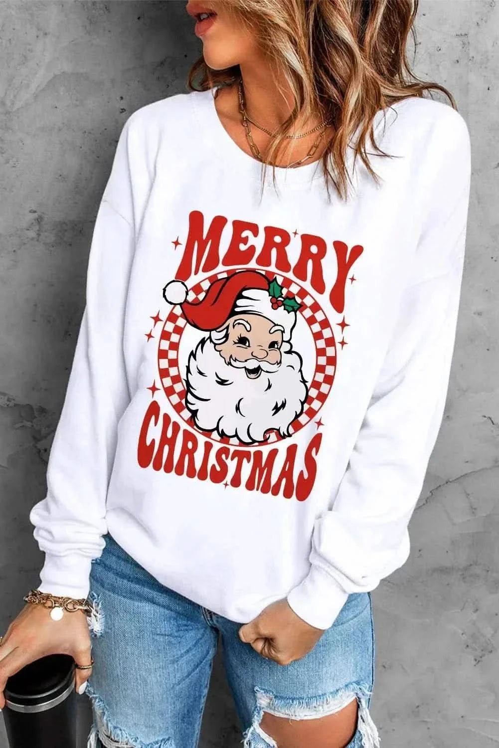 Santa Graphic Round Neck Long Sleeve Sweatshirt - Love Salve