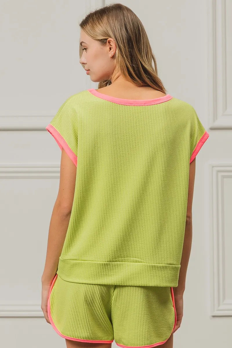 BiBi Cord Rib Knit Contrast Banded Top - Love Salve