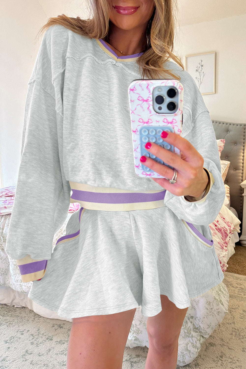 Premium Light Grey Contrast Striped Cropped Pullover And Short Set