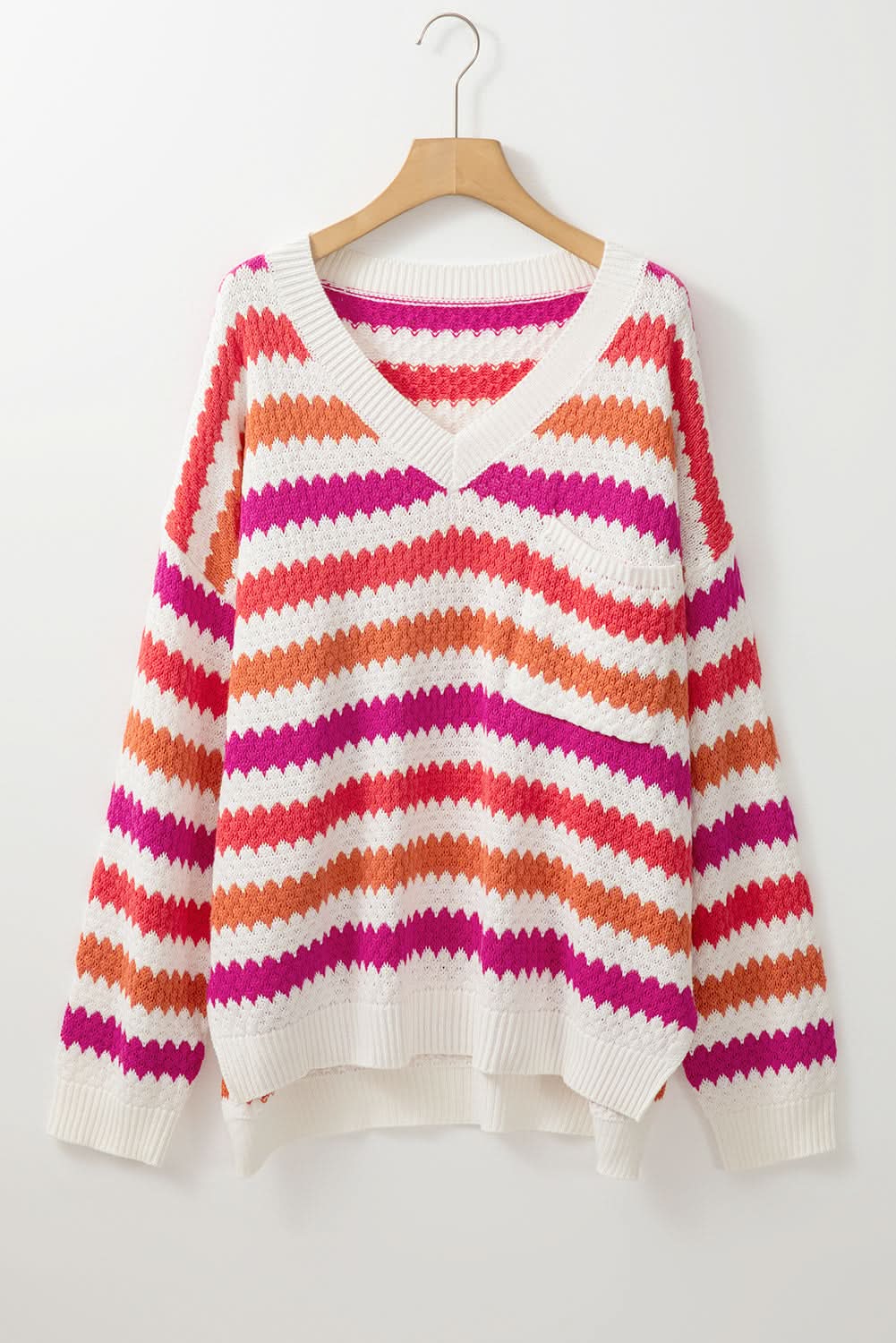 Pink Stripe V Neck Drop Shoulder Plus Size Sweater - Love Salve