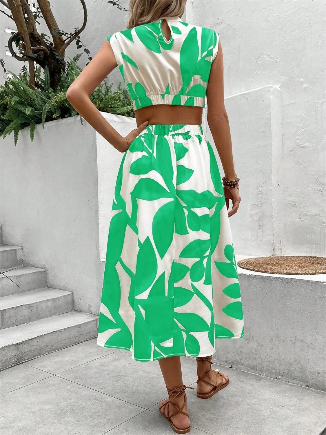 Tropical Cutout Cap Sleeve Midi Dress