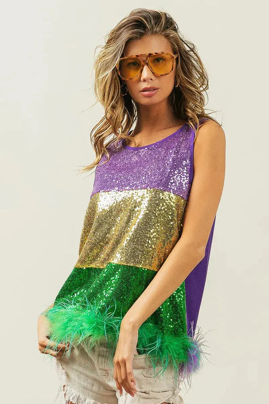 BiBi Mardi Gras Color Block Faux Feather Hem Sequin Top - Love Salve
