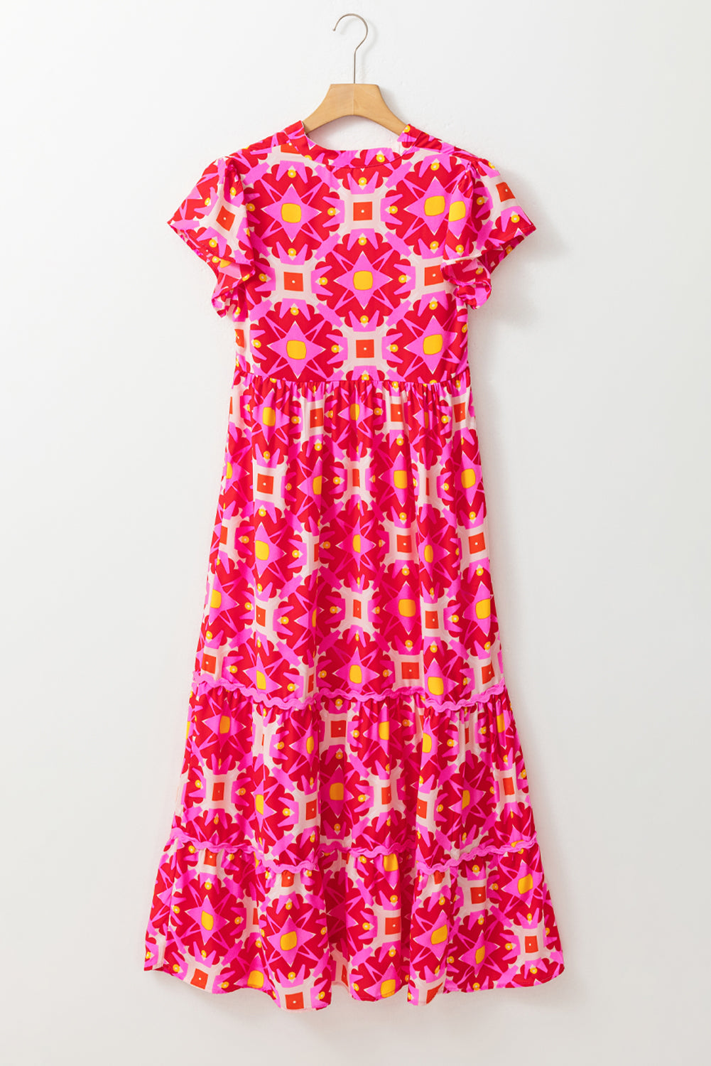 Strawberry Pink Geo Print V-neck Maxi Dress for Women