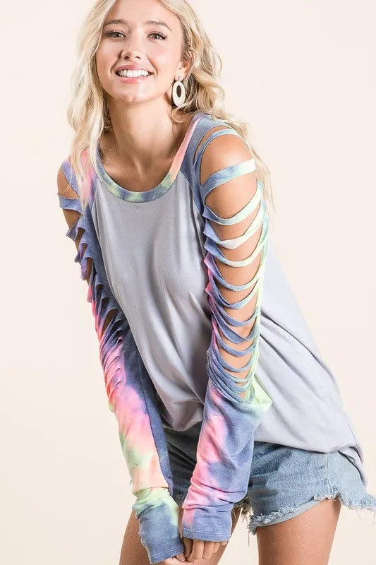 BiBi Jersey Knit Top with Tie Dye Laser Cut Sleeves - Love Salve