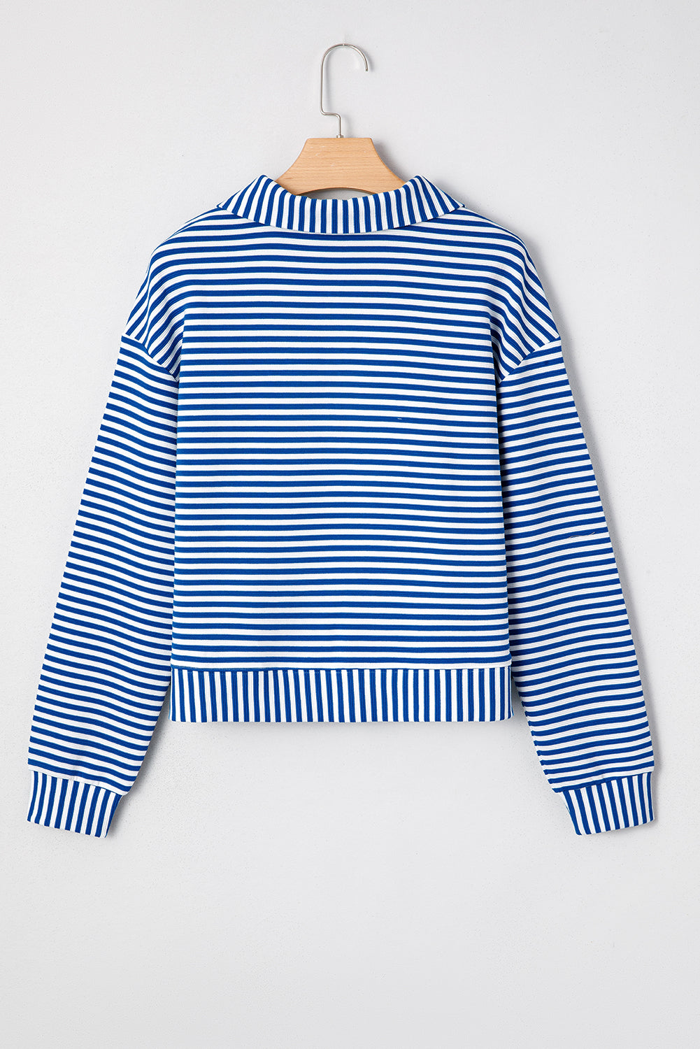 Premium Blue Stripe Quarter Zip Collar Pullover Long Sleeve Top